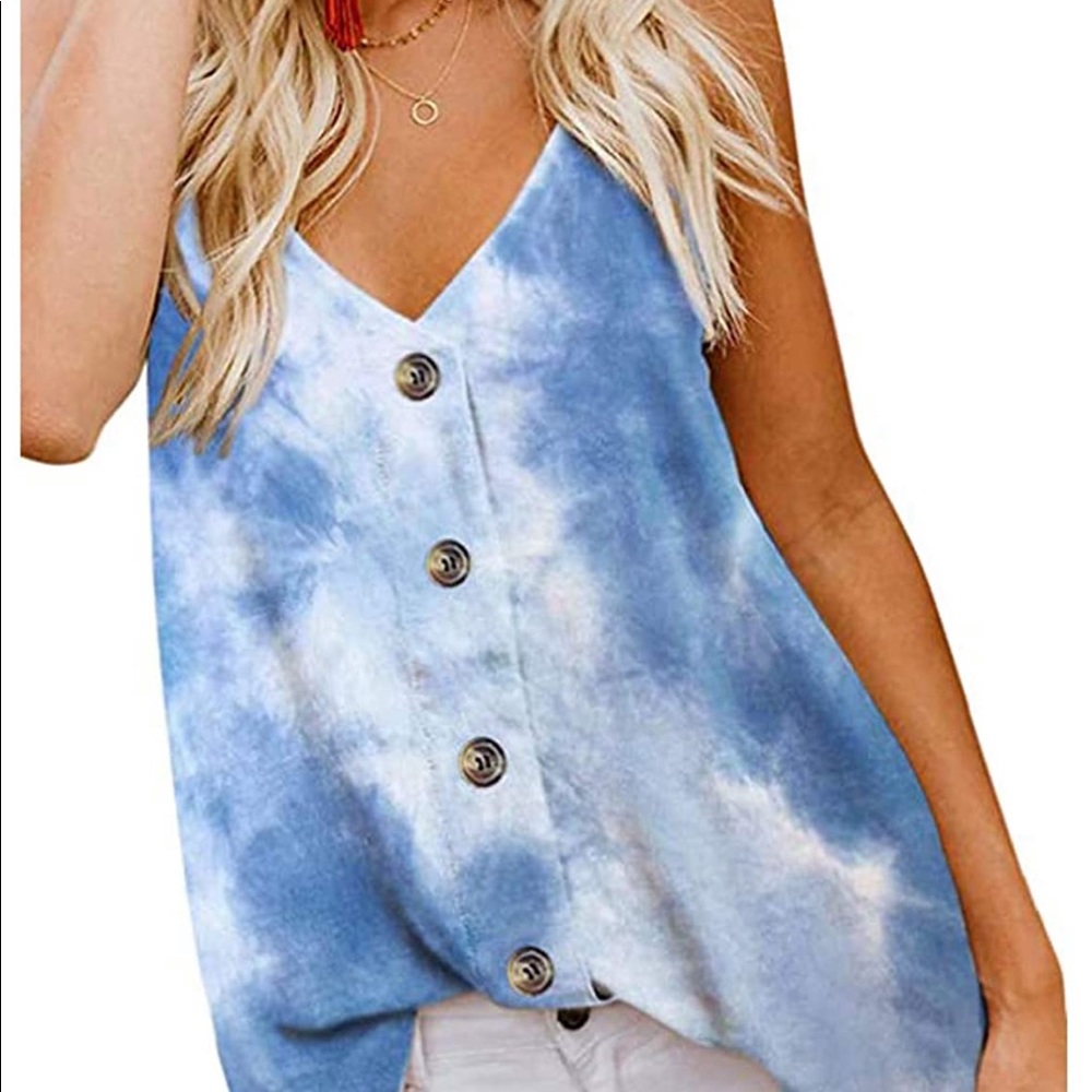 NWT Merokeety Blue Tie Dye Button Down Cami Tank S V Neck Boho Beach Summer
